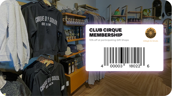 Merch display with discount card overlay